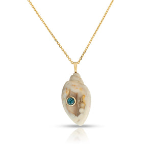 Fosolite Druzy Shell Necklace with Bezel Blue Topaz