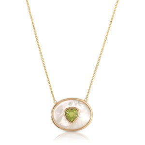 Mother of Pearl Necklace with Heart Bezel Green Peridot