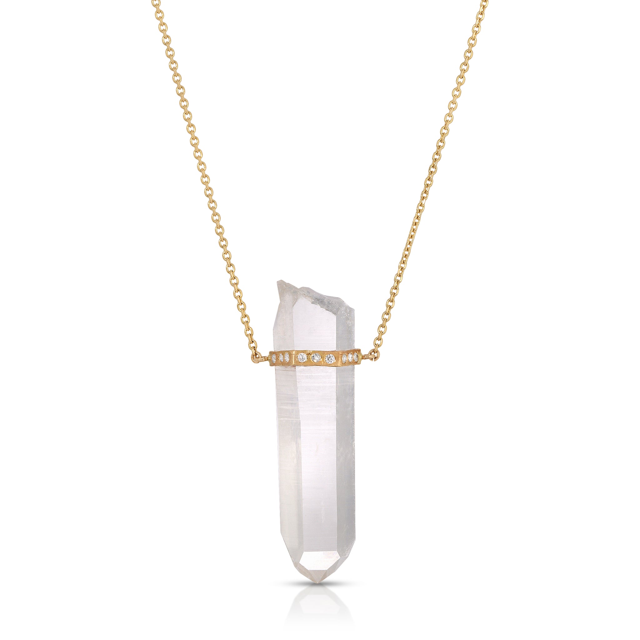 Quartz Clear Pointer Crystal Necklace with 9 Pave Diamonds