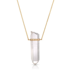 Quartz Clear Pointer Crystal Necklace with 9 Pave Diamonds