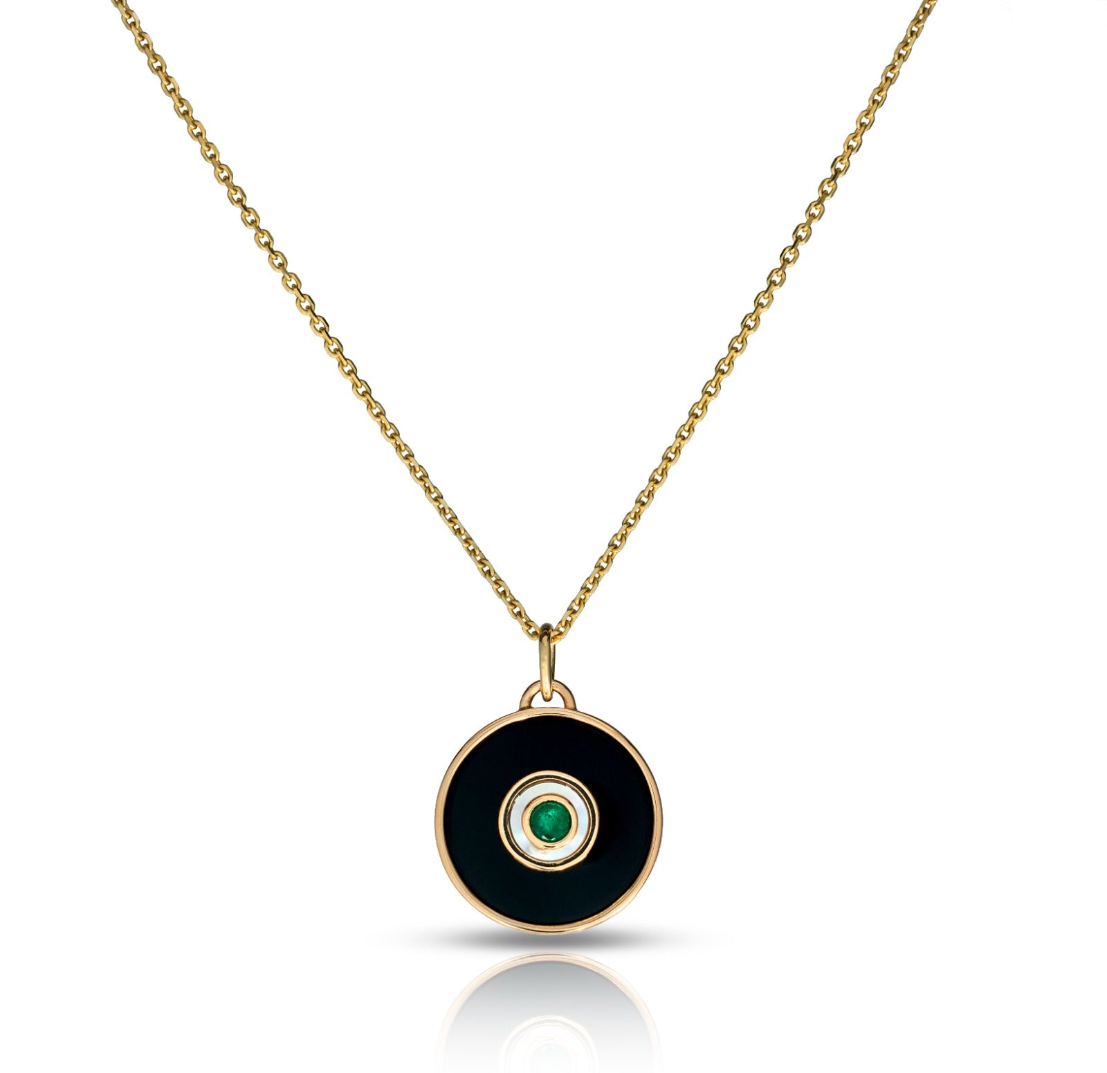 Black Onyx Round Necklace Bezel Mother of Pearl with Precious Inlay Emerald
