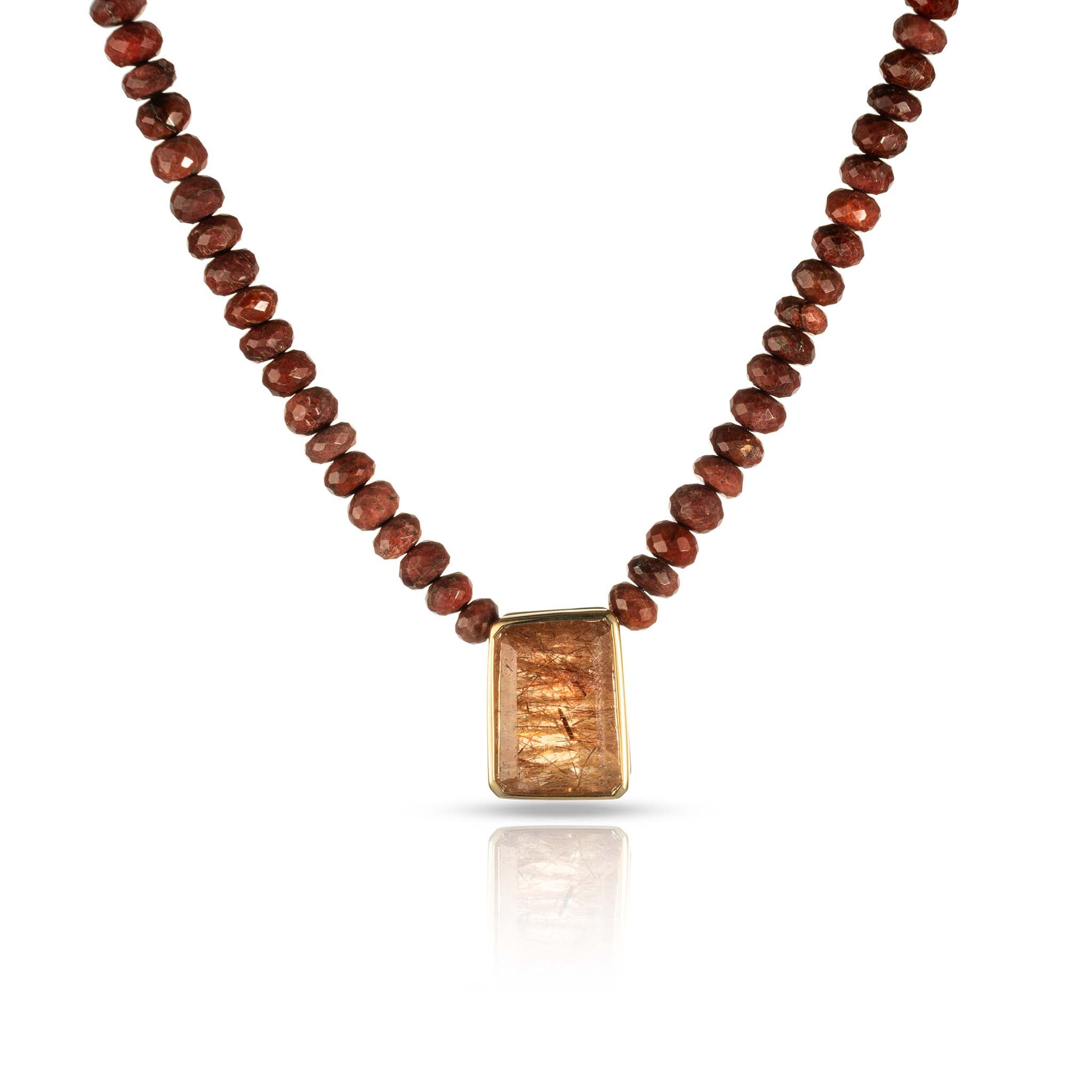 Brown Rondelle Beaded Amazonite Necklace and Rectangular Rutilated Quartz Pendant with 14K Yellow Gold 18"