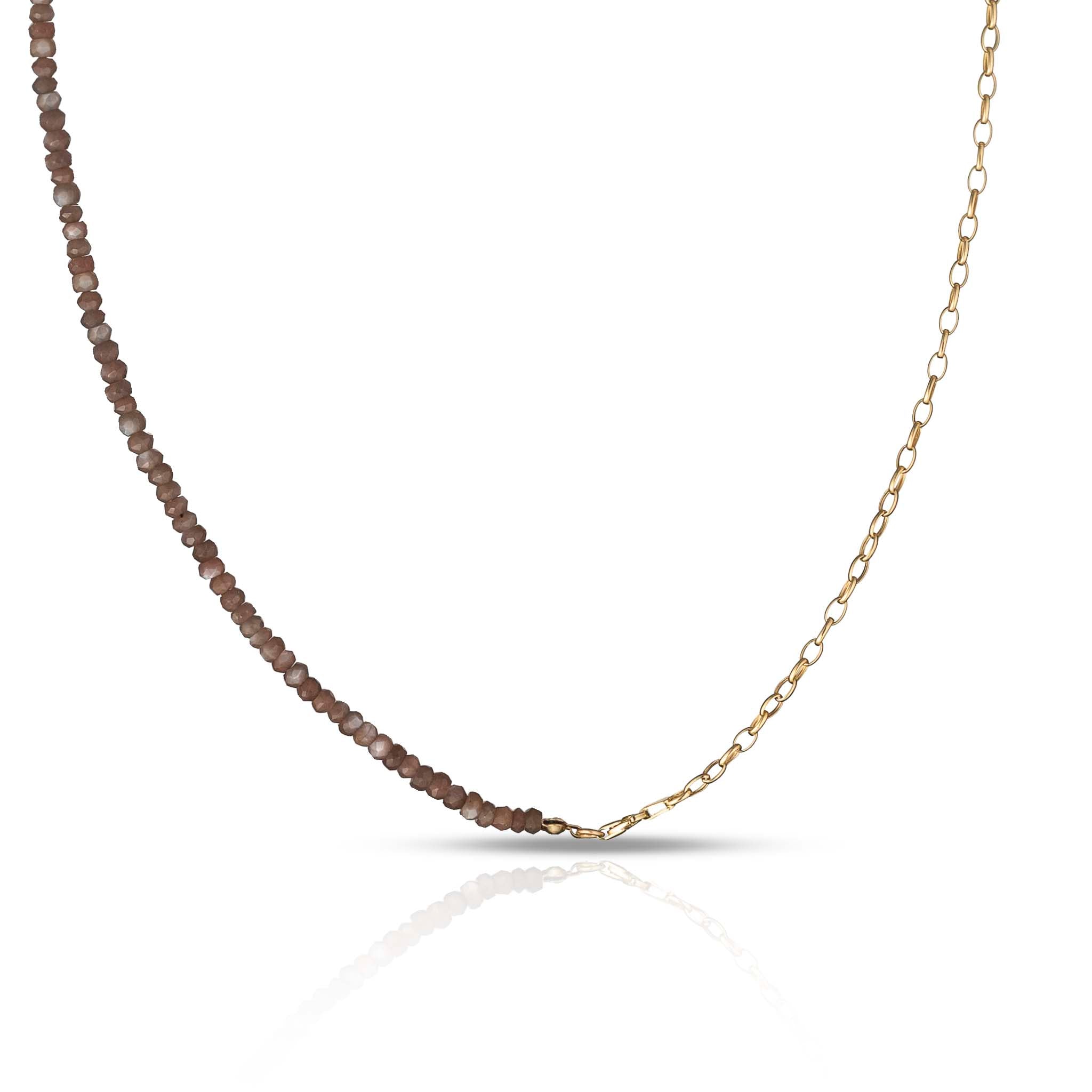 Beaded Mocha Moonstone with Gold Rolo Chain Necklace 