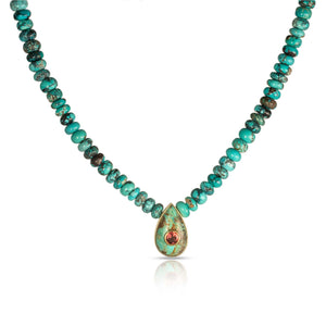 Turquoise Rondelle Beaded Necklace with Turquoise Teardrop Pendant and Bezzled Pink Turmeline Pendant with 14K Yellow Gold 19"