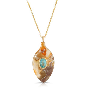 Agate Moss Leaf Necklace with Bezel Blue Tourmaline