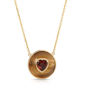 Tigers Eye Cabochon Necklace with Bezel Heart Garnet