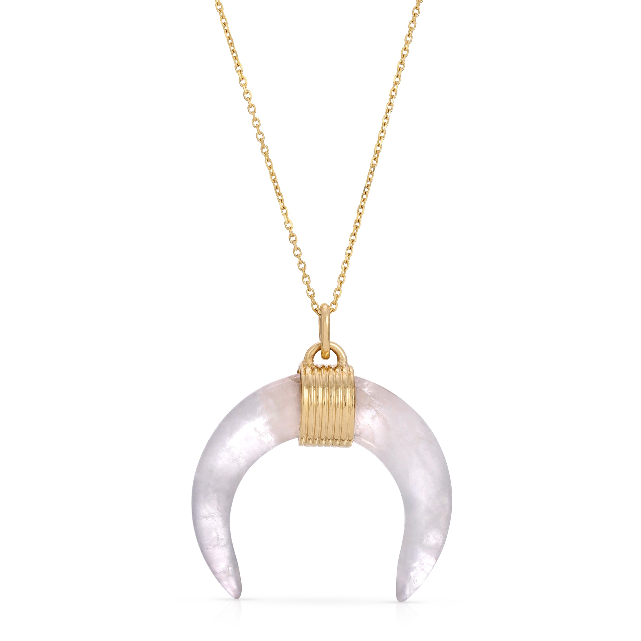 Quartz Crescent Moon Necklace Ribbed Gold Clasp