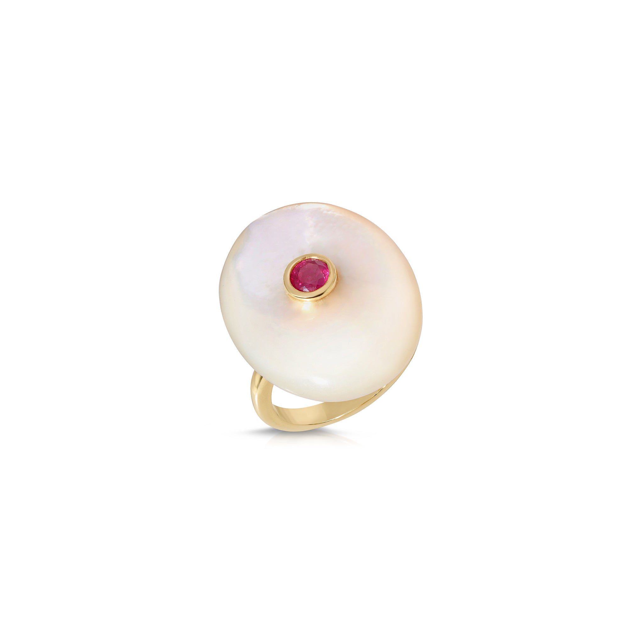 Mother of Pearl Cabochon Ring with Round Ruby