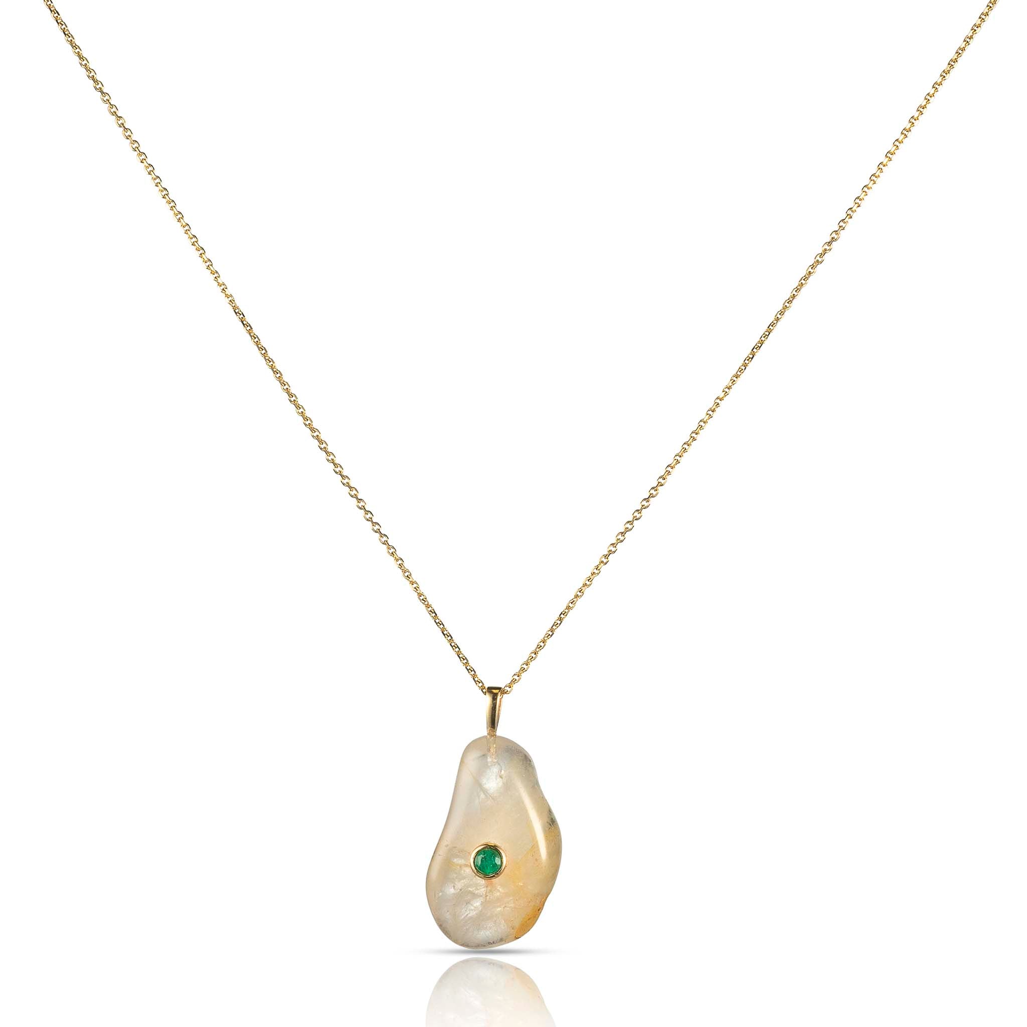 Quartz Crystal with Bezeled Emerald Necklace 