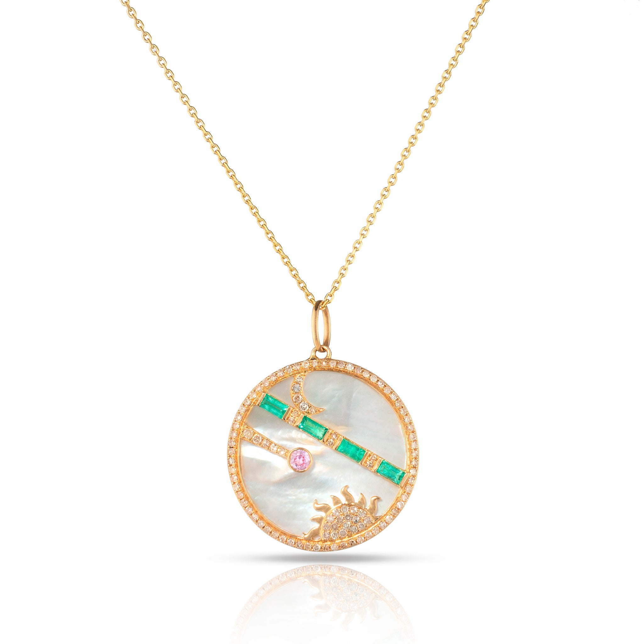 Sun, Moon, and Star Mother of Pearl Necklace with Emerald Pendant 